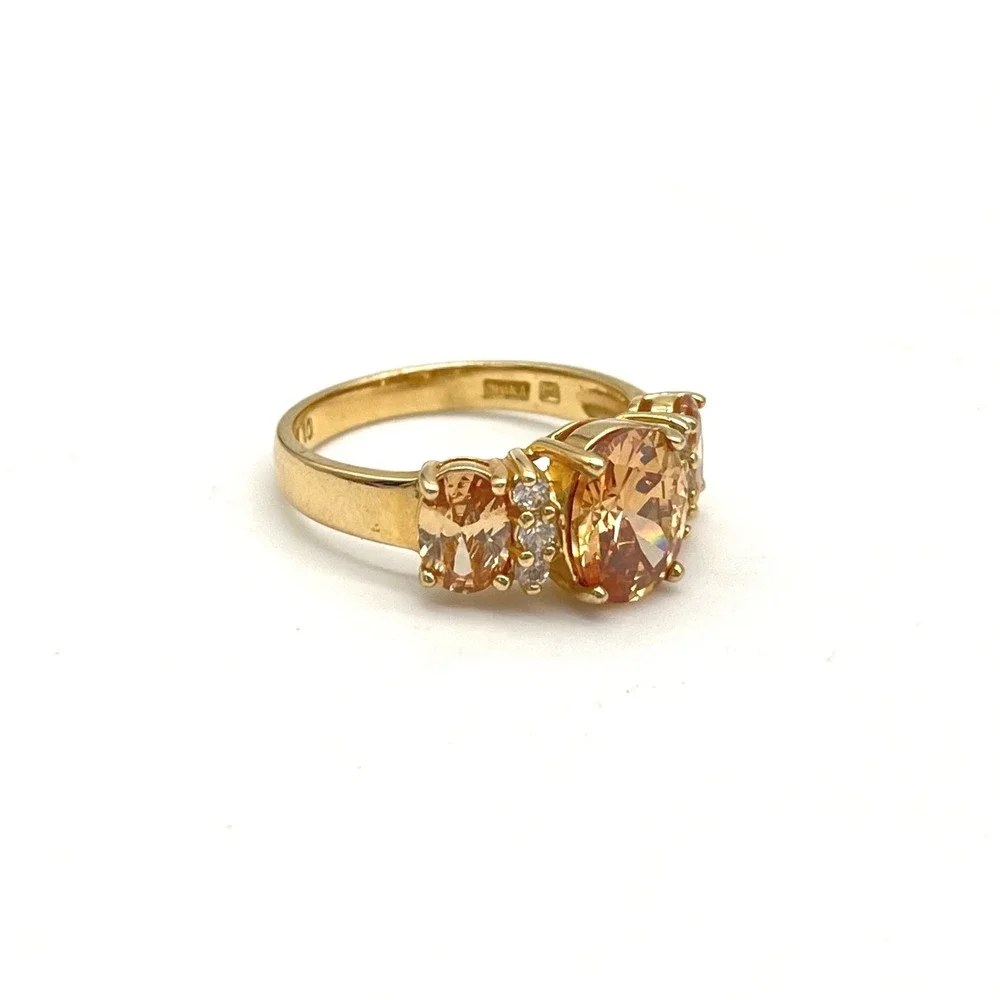 925 Gold Over Sterling Silver Three Stone Champagne Oval Cut Ring Size 10